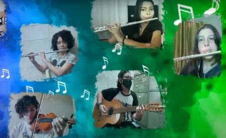 Alunos do Tocando o Futuro gravam vídeo para apresentação online