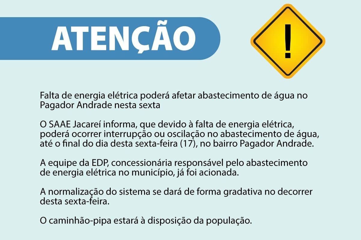 Falta de energia elétrica poderá afetar abastecimento de água no Pagador Andrade nesta sexta